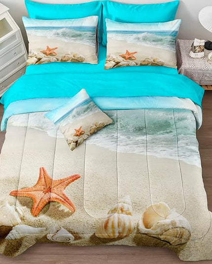 Bedbay 8 Pieces Coastal Comforter Set King Starfish Sea Life Printed King Size Bed in a Bag Beach Themed Bedding Comforter King Bed Set Women Adults Coastal Bedding Beach Room Decor(Aqua,King)