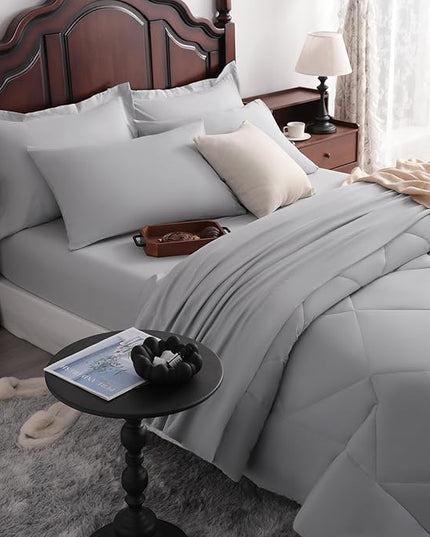 NTBAY Queen Comforter Set with Sheets, 7 Pieces Soft and Breathable Queen Bedding Set, Bed in a Bag, Down Alternative Comforter Set Solid Color All Season, Queen Bedding Set, Light Grey