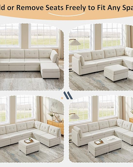 VANOMi 5 Seater Modular Sectional Sofa, Convertible Modular Cloud Sofa Bed with Ottoman, Comfy Chenille Sofas & Couches for Living Room, Apartment, Office, White, Sofa Bed