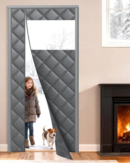 Magnetic Thermal Insulated Door Curtain Fit 30" X 80" with Clear Window, Thermal Door Cover for Winter, Thicken Oxford Cloth and Cotton Automatic Folding Insulation Cover Blanket for Winter