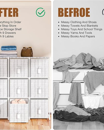 9 Cube Storage Organizer with Printed Drawers, Toy Cubby Storage for Closet, Living Room, Dorm - White