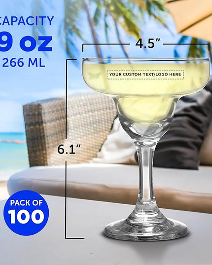 DISCOUNT PROMOS 100 Margarita Glasses Set, 9 oz. - Personalized Text, Logo - Classic, Smooth, Barware, Glassware - Clear
