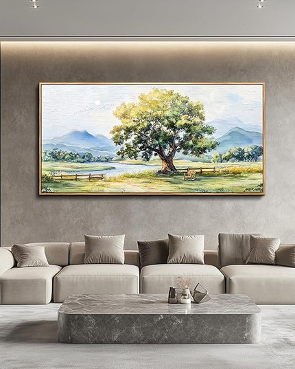 PHAOHUAXM Large Farmhouse Wall Decor For Living Room Wall Art For Bedroom Office Decor Green Tree Ink-Wash Landscape Painting Artwork Canvas Printing Pictures Wall Home Decor 30x60In Wood Framed