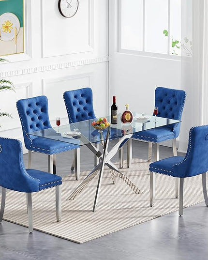 60.63in Rectangular Glass Dining Table Set for 6, Glass Kitchen Table and Chair Set for 6, Modern 7 Piece Dining Room Set with 6 Fabric Upholstered Chairs, Silver Metal Legs Home Kitchen Furniture