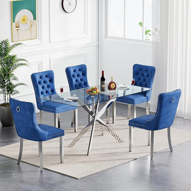 60.63in Rectangular Glass Dining Table Set for 6, Glass Kitchen Table and Chair Set for 6, Modern 7 Piece Dining Room Set with 6 Fabric Upholstered Chairs, Silver Metal Legs Home Kitchen Furniture