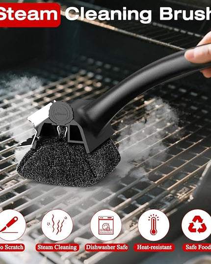 Grill Brush for Outdoor BBQ - Replaceable Bristle Free Heading and Reinforced Scraper - Safe BBQ Brushes for Porcelain/Gas/Charcoal/Smoker/Cast Iron Grill - Cleaning Brush(Black)