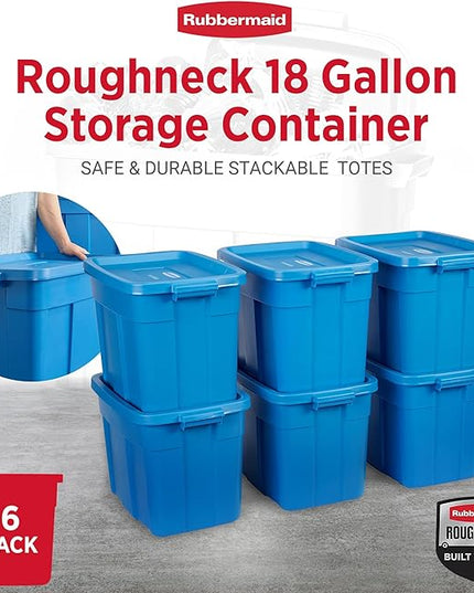 Rubbermaid Roughneck Tote 18 Gal, 6 Pack, Made in USA, Heritage Blue, Rugged Plastic Stackable Storage Bins with Lids and Handles