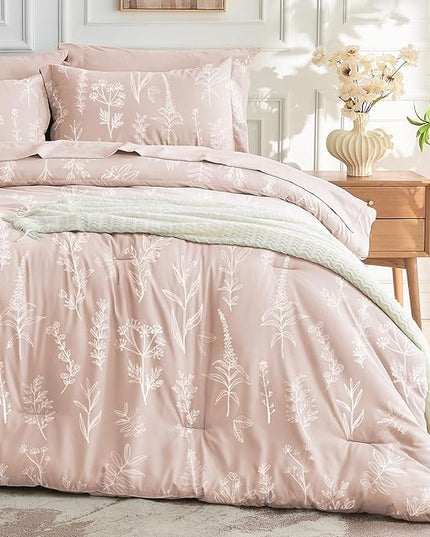 MUXHOMO Cameo Pink Full Comforter Set, Elegant Floral Print Bed in a Bag 7 Pieces, Ultra Soft & Breathable Reversible Botanical Pattern Bedding Set with Comforter, Sheets, Pillowcases, and Shams