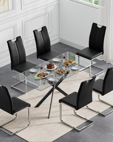7 Piece Glass Dining Table Set, Glass Kitchen Dining Room Table Set for 6, 61" Modern Rectangular Black Glass Metal Dining Table with 6 Black PU Leather Dining Chairs for Kitchen Dining Room