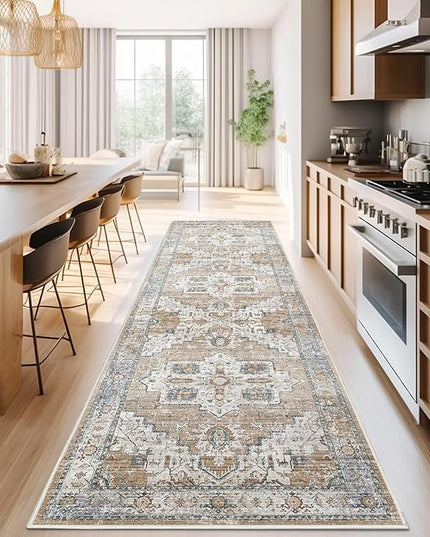jinchan Tribal Runner Rug 3x10 for Hallway - Kitchen Machine Washable Vintage Floral Non-Slip with Rubber Backing Ultra-Thin Low-Pile Carpet Runner for Entryway Bedroom Laundry Room (3x10ft, Orange)