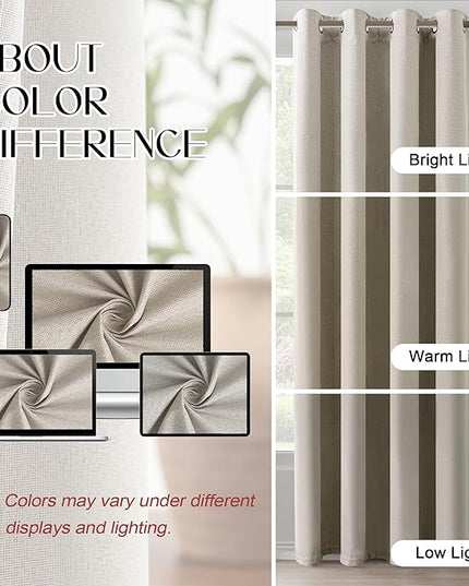100% Blackout Natural Linen Curtains 108 Inches Long, Noise Reduction Lightweight Grommet 9 FT Curtains Length for Bedroom Living Room, Natural, W52 x L108, 2 Panels