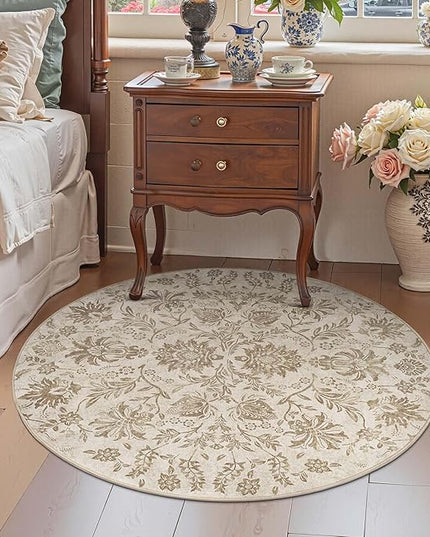 jinchan Torino Classic Floral Round Rug 4ft, Vintage-Inspired Neutral Design 4’Circle Rug, Machine Washable Ultra-Thin Low-Pile Non-Slip Indoor Carpet for Bedroom Living Room Entryway Taupe