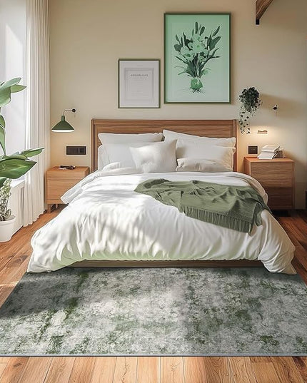 jinchan Washable Area Rug 6x9 for Living Room - Soft Faux Wool Ultra-Thin Stain Resistant Non-Slip Distressed Vintage Floral Rug Large Christmas Carpet for Bedroom Home Office, Nursery(Green, 6'x9')