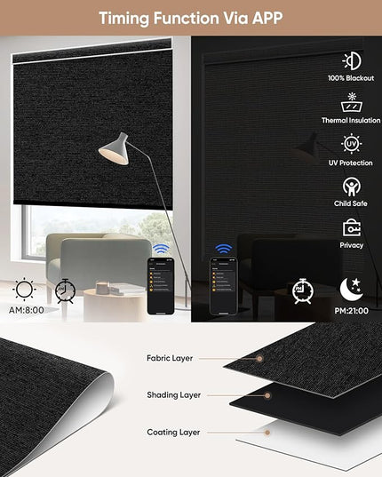 Kincmo Motorized Blinds with Remote,100% Blackout Motorized Roller Shades Work with Apple Homekit,Alexa,Google, Custom Electric Blinds with App,Voice Control (Atlantic Black)