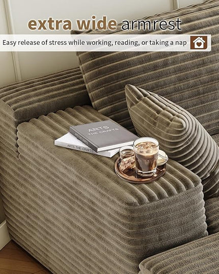 168.5" Modular Sectional Sofa, Oversized U-Shaped Minimalist Couches with 3 Middle Seats Chaise, Modern Deep Seat Convertible Sleeper Sofa, Cloud Plush Corduroy Fabric,7 Seater, Camel