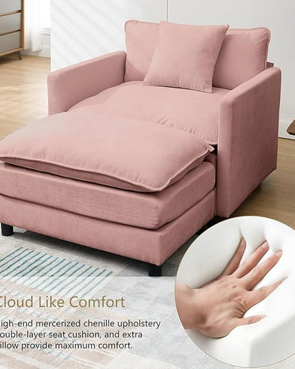 SZLIZCCC 56.3''D Oversized Chaise Lounge Chair Indoor, Comfy Chenille Upholstered Sofa Chair with Ottoman, Deep Seat Single Sofa Couch with 1 Pillow for Living Room (Pink, 56.3"- Single Seat)