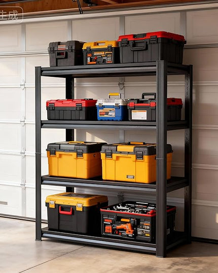 63''Storage Shelves, 4-Tier Garage Metal Shelving Unit, Adjustable, Double-Layer Column with Reinforced Ribs, Heavy-Duty, Capable of Bearing 2400 lbs Suitable for Garage, Warehouse, Kitchen Storage