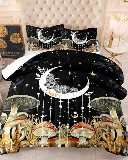 AILONEN Twin Bedding Set,Sun and Moon Boho Mushroom Comforter Set,Natural Wild Fungus Bedding Set for Kids Boys Girls,Bohemian Plant Comforter with 2 Pillowcases,3 Piece