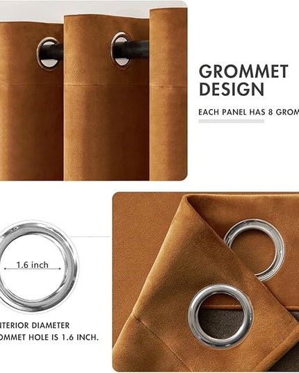 MIULEE Velvet Curtains Gold Brown Elegant Grommet Curtains Thermal Insulated Soundproof Room Darkening Black Out Drapes for Fall Living Room Bedroom Decor 52 x 108 Inch Set of 2, Pumpkin Brown
