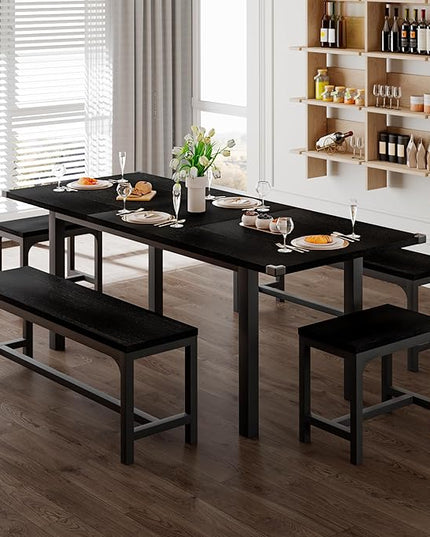 Feonase 5-Piece Dining Table Set for 4-8 People, 63" Large Extendable Kitchen Table Set with 2 Benches and 2 Square Stools, Dining Room Table with MDF Wood Board, Easy Assembly, Black