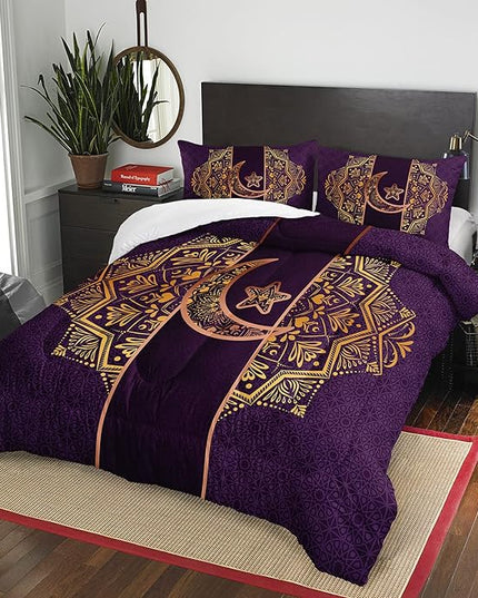 AILONEN Moon Star Comforter Set Twin Size, Gold Crescent Boho Bedding Set,Purple Print Soft and Lightweight Quilt Set All Season 3 Pieces,1 Comforter and 2 Pillowcases