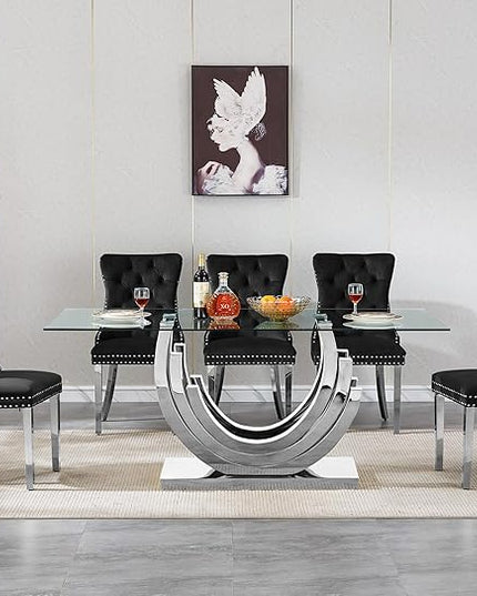Henf 7-Piece Glass Dining Table Set with 6 Upholstered Dining Chairs, Large Dining Table and Chair Set for 6, Modern Glass Kitchen Table Furniture for Dining Room, U Shape Stainless Steel Pesestal