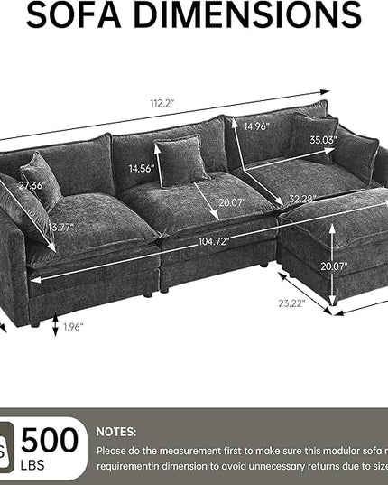 Modular Sectional Sofa 112.2 Inch L Shaped Couch Set with Armrests, 3-Seater Comfortable Cloud Couches with Movable Ottoman for Living Room Apartment, Grey