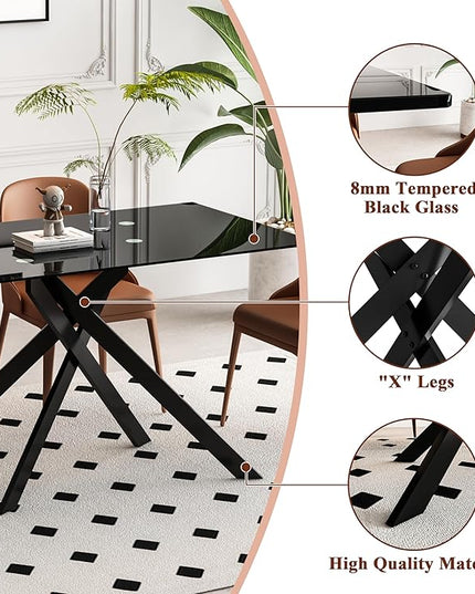 7 Piece Glass Dining Table Set, Glass Kitchen Dining Room Table Set for 6, Modern 51" Rectangular Black Glass Metal Dining Table with 6 Grey Leather Dining Chairs for Kitchen Dining Room