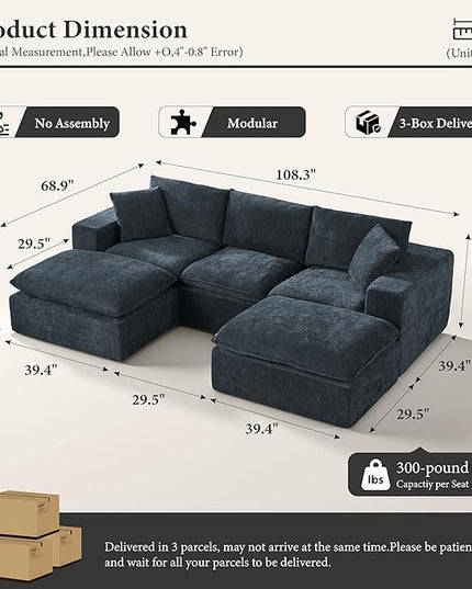 110" Sectional Couches for Living Room Boneless Couch Upholstered Cloud Couchs Sectional Modular Sectional Sofa with L Shaped