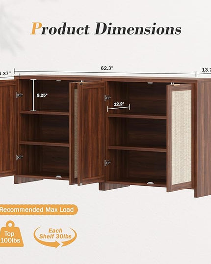 YOUDENOVA 62.3" Sideboard Buffet Cabinet, Rattan Storage Sideboard Cabinet with 4-Door and Adjustable Shelves, Farmhouse Console Table for Dining Room, Entryway, Living Room, Rustic Brown