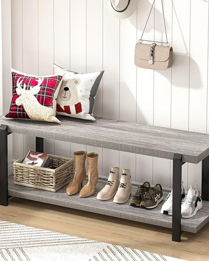 FOLUBAN Entryway Bench, Vintage Wood and Metal Shoe Bench for Hallway Front Door Entrance, Farmhouse Indoor Shoe Storage Bench Seat for Bedroom, Living Room, Light Grey, 47 Inch