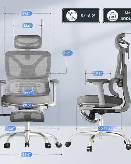 FLEXISPOT ErgoX Premium Ergonomic Office Chair with Footrest- Adjustable 3D Armrests, Dynamic Lumbar Support, Recline & Tilt Function, Mesh Seat, for Home & Office Use,Foam Grey