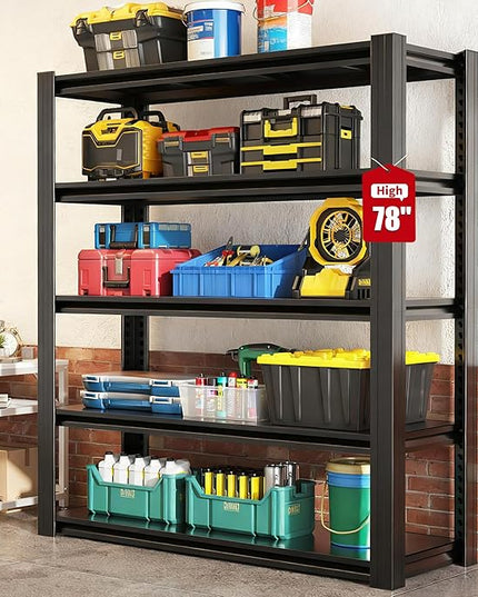 78" H Garage Shelving, Metal Storage Shelves, 3000LBS Heavy Duty Shelving, Adjustable 5 Tier Storage Rack, Industrial Utility Shelf for Garage, Warehouse, Kitchen,18" D×47.5" W×78" H, Black