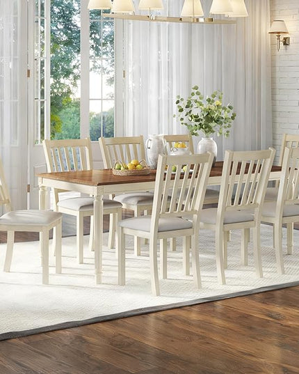 AMERLIFE 9-Piece Farmhouse Solid Wood Dining Table Set with 8 Upholstered Chairs, Roman Conical Legs, Seats up to 8, 79'' Dining Table & Chairs Set for Kitchen and Dining Room, Rustic Cream