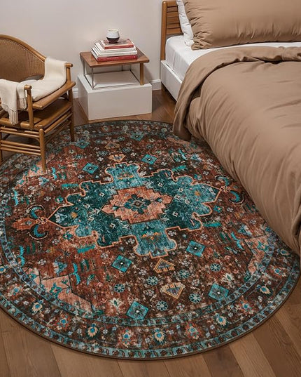 Ciicool Boho 5x5ft Round Area Rug Washable Bedroom Rug Non-Slip Oriental Entryway Throw Rug Low-Pile Indoor Carpet for Dining Room(Brick Red/Dull Teal)