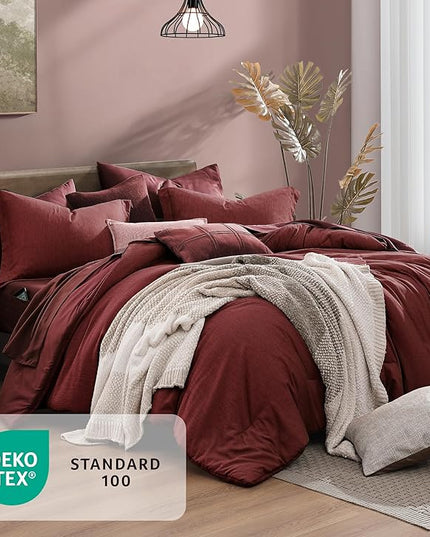 Monbix Queen Comforter Set Red, Cationic Dyeing Reversible Bedding Set 7 Pieces, All Season Bed in a Bag with Sheets, Pillowcases & Shams