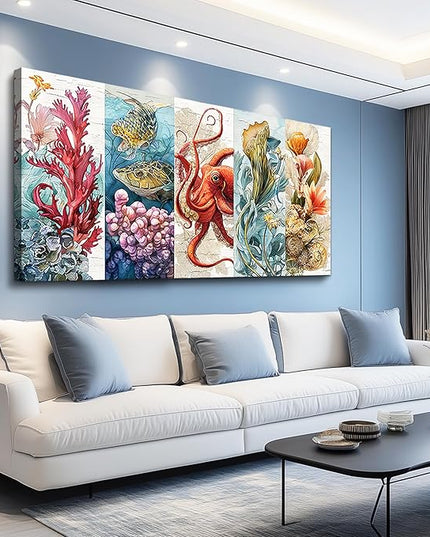 XIGUANGART Bathroom Canvas Wall Art Large Wall Decor for Living Room Bedroom Undersea Pictures Watercolor Octopus Coral Reef Colorful Marine Animals Painting Farmhouse Modern Framed Home Decorations