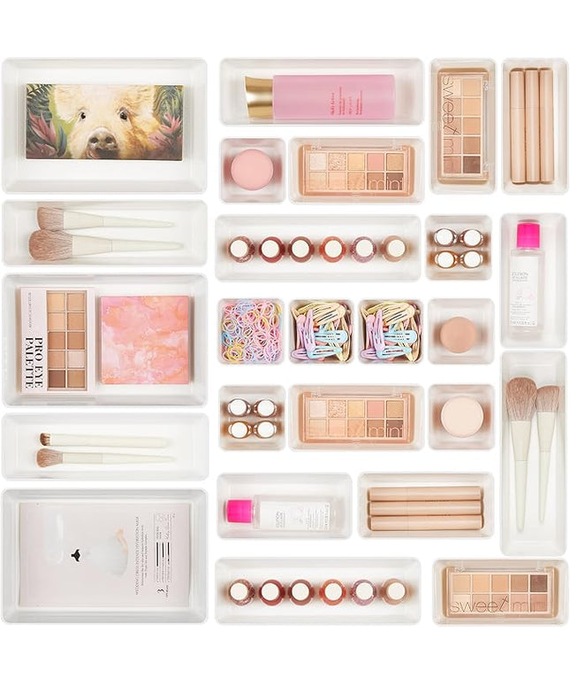 Vtopmart 25 PCS Plastic Drawer Organizers Set, 4-Size Versatile Bathroom and Vanity Drawer Organizer Trays, Storage Bins for Makeup, Bedroom, Kitchen Gadgets Utensils and Office