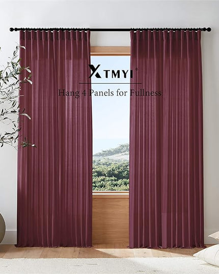 Maroon Wine Red Curtains 96 Inches Long for Living Room 2 Panels Set Linen Hooks Track Solid Regular Xmas Holiday Country Farmhouse Christmas Seasonal Themed Winter Curtains for Dining Room Bedroom
