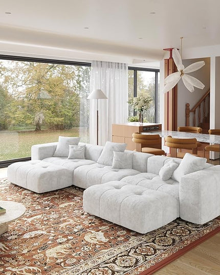 JACH 144.1 Inch U-Shaped Modular Sofa, Mid Century Modern Deep Seat Sectional Couch, 3-Seater Sofas with Chaise Ottomans for Living Room, Cozy Sofas for Apartment, Living Room (Linen Fabric, White)