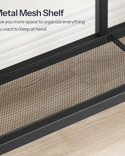 HOOBRO Narrow Console Table, Sofa Table, 4-Tier Industrial Entryway Table with Metal Mesh Shelf, Hallway Table with Adjustable Feet, for Entryway, Living Room, Hallway, Rustic Brown and Black BF79XG01