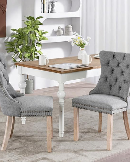 SoarFlash Linen Fabric Dining Chair Set of 2, Upholstered Tufted Dining Room Chair with Nailhead Trim, Solid Light Color Wood Leg for Kitchen (Smoky Gray)