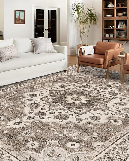 Washable Oriental Area Rug - 10x14 Rugs for Living Room Soft Carpet for Bedroom Waterproof Floral Distressed Indoor Stain Resistant Non-Shedding Floor Carpets (Beige, 10X14)