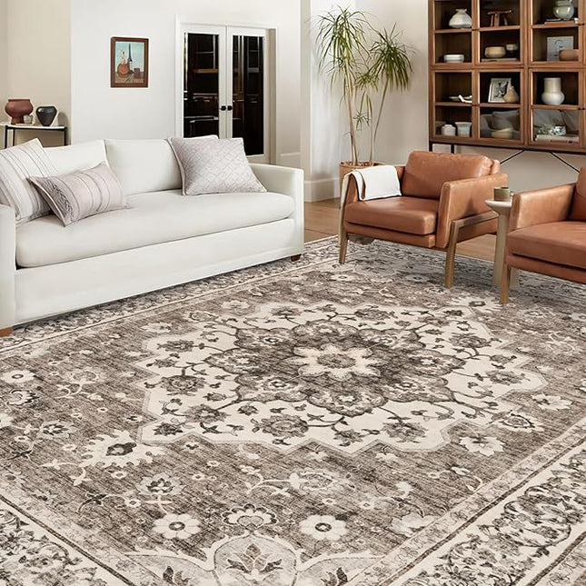 Washable Oriental Area Rug - 10x12 Rugs for Living Room Soft Carpet for Bedroom Waterproof Floral Distressed Indoor Stain Resistant Non-Shedding Floor Carpets (Beige, 10x12)