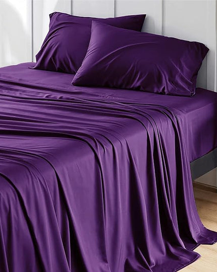 Bedsure Queen Sheet Set, Rayon Derived from Bamboo, Cooling Sheets, Breathable & Soft, Deep Pocket Up to 16 Inches, Hotel Luxury Silky Bedding for Hot Sleepers, Plum