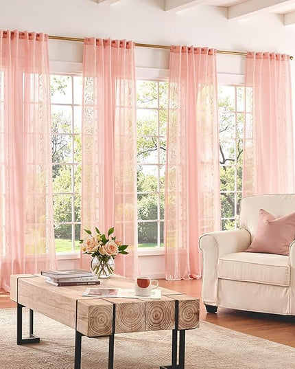 jinchan Winslow Sheer Curtains 63 Inch Length for Dorm Bedroom Bordered Floral Pattern Decorations Short Curtains Light Filtering Window Treatments, 50W x 63L, Beige on Pink, 2 Panels