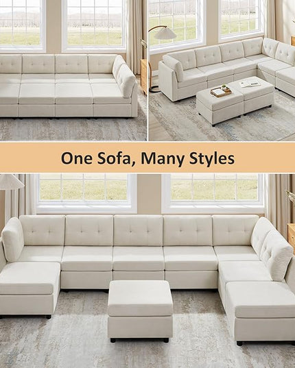 VANOMi 118" Modular Sectional Sofa with 2 Ottomans, 8 Seater Cloud Sectional Sofa Bed, Chenille Sofas & Couches for Living Room, Apartment, Office, White