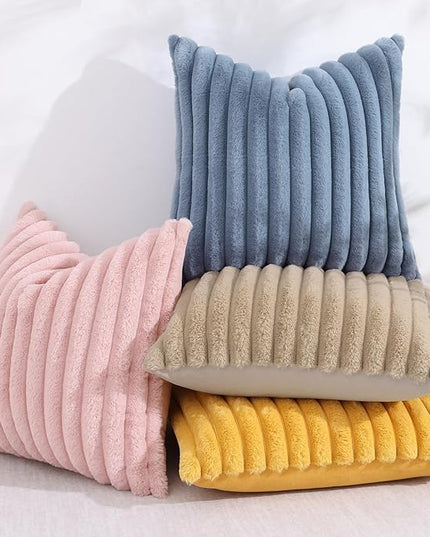 decorUhome Faux Fur Spring Throw Pillow Covers 22x22 Set of 2, Decorative Soft Plush Striped Neutral Couch Euro Pillow Covers with Velvet Back for Sofa, Bed, Living Room Home Decor, Grey Blue