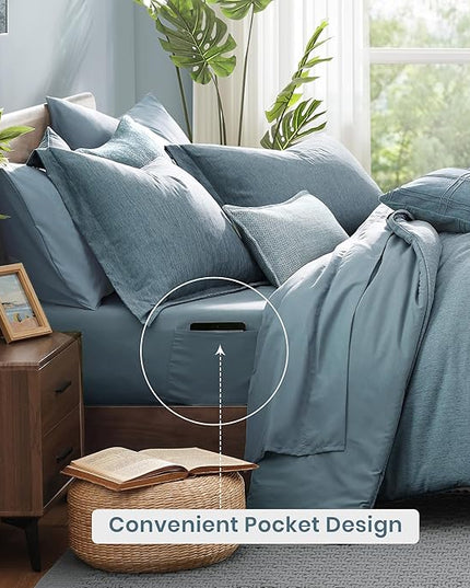 Monbix King Size Comforter Set,7 Pieces Dusty Blue Cationic Dyeing Bed in a Bag King with Comforter, Sheets, Pillowcases & Shams, All Season Reversible Bedding Comforters