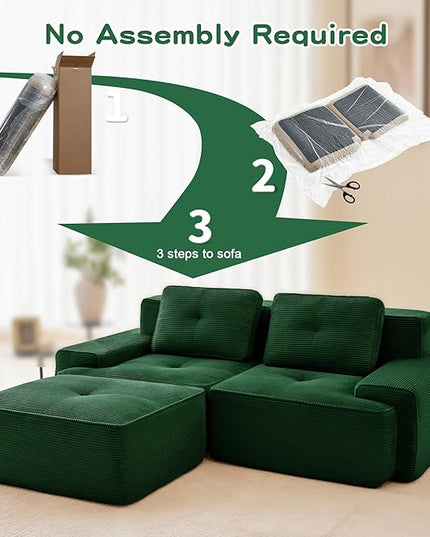 82" Convertible Modular Couches, Deep Seat L Shaped Sofas for Living Room, Modern 2 Seater Love Seat Sofa with 1 Ottoman for Small Space, Comfy Cloud Sectional Sofa Set, Corduroy Fabric Green